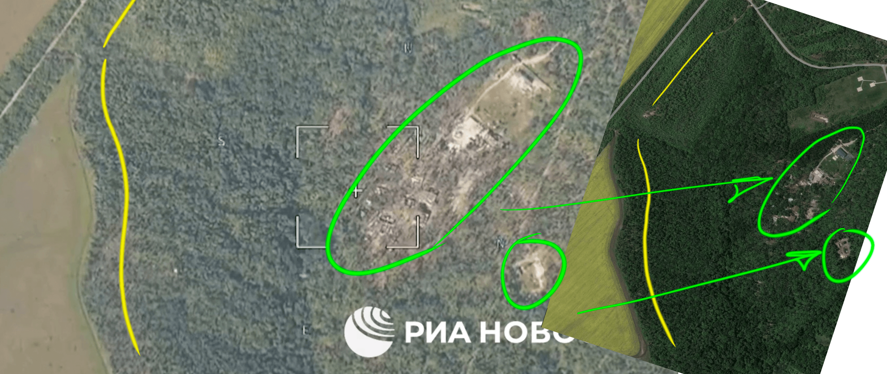 Слева — свежий кадр из ролика Минобороны об ударе по ВСУ «в приграничном районе Курской области». Справа — карта объекта в Часовом Яру, Донецкая область