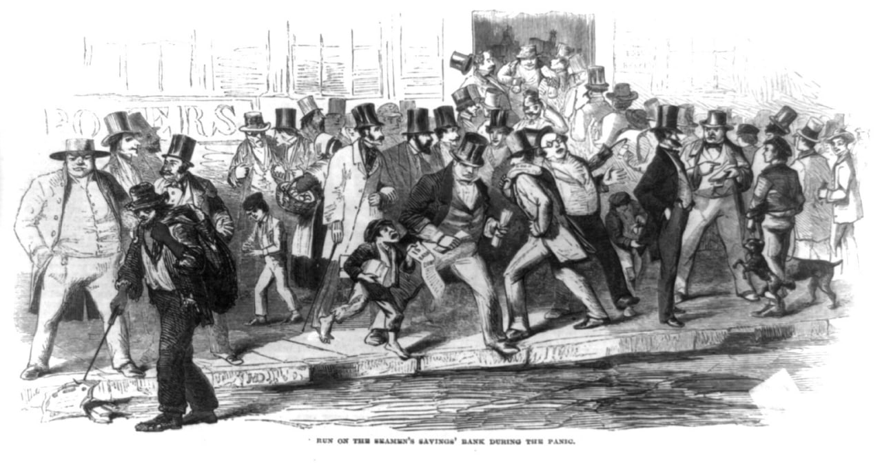 Вкладчики пытаются забрать свои деньги из банка. Рисунок 1857 года