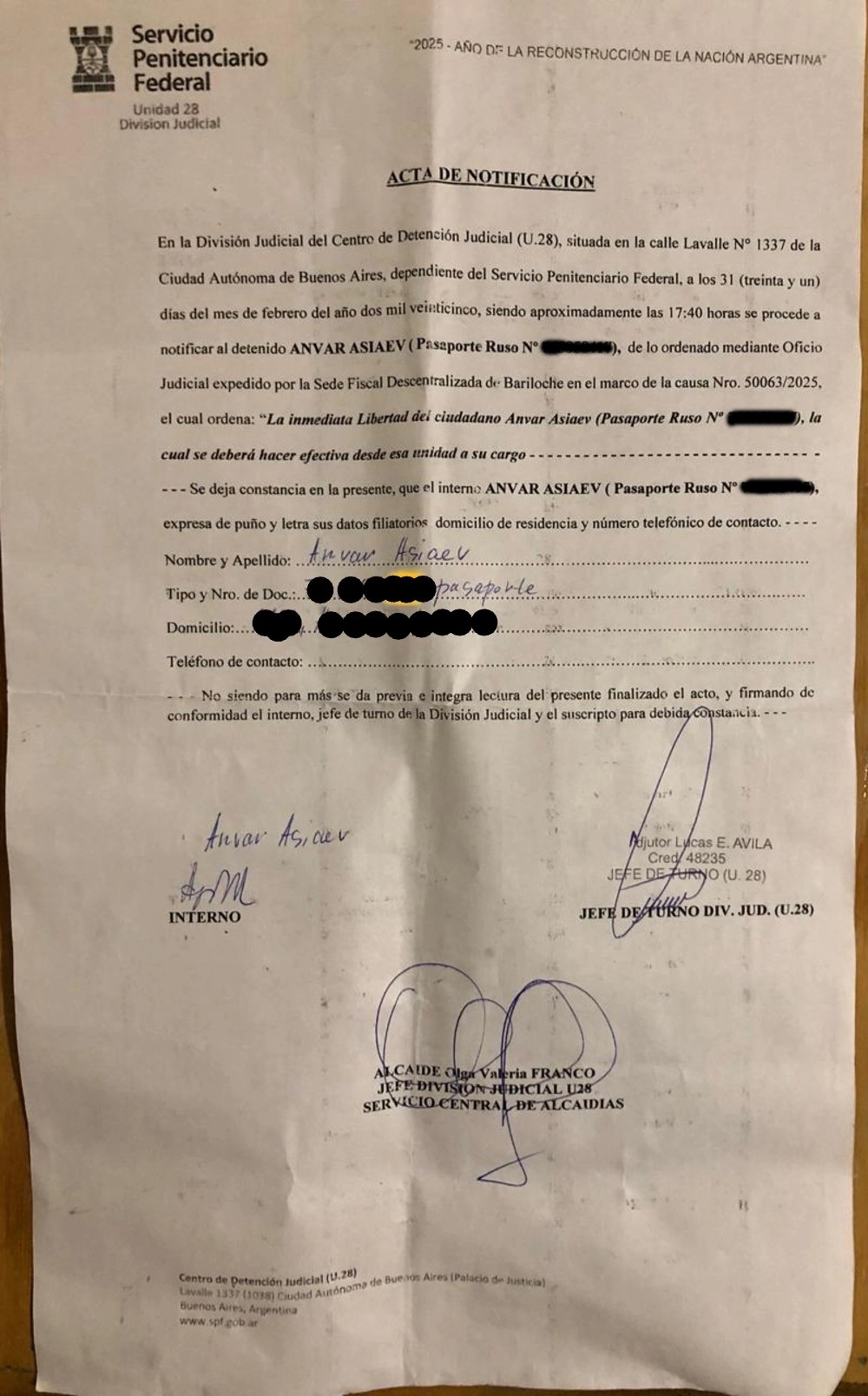 Копия документа о немедленном освобождении из-под стражи гражданина России Анвара Асиева